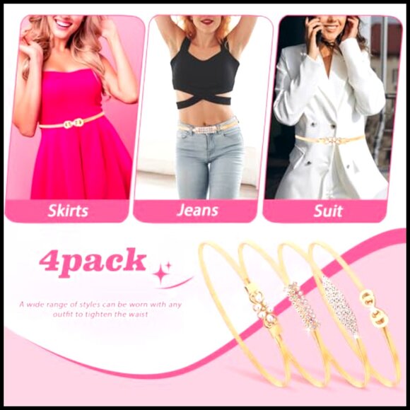 Gold Metal Chain Belt Set Rhinestone Pearl Buckles Elastic Skinny Waist Cinch main image 6